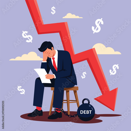 Businessman chained by debt stressed by financial crisis and falling stock market.
