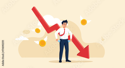 Businessman Standing Amidst Falling Red Arrow and Gold Coins.