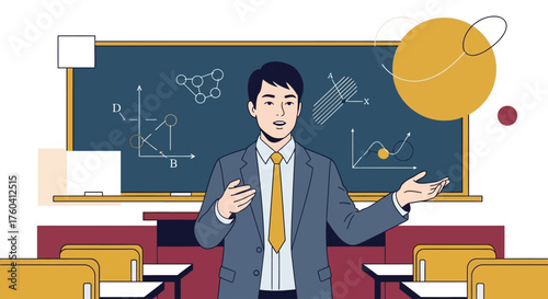 Vector illustration of a male teacher giving a lecture in a classroom with scientific diagrams on the blackboard.