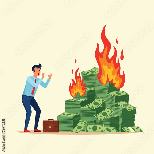 Businessman watches in despair as a large stack of money burns intensely.