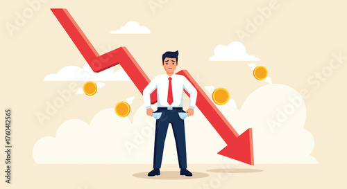 Businessman with Empty Pockets Under Falling Red Arrow and Coins.