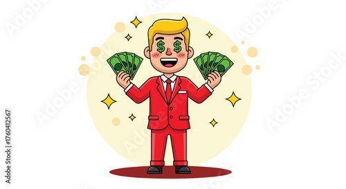 Cartoon Businessman Holding Fanned Stack of Money in Both Hands.