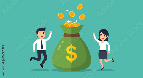 Cheerful Business People Celebrating Beside a Large Money Bag Filled with Coins.