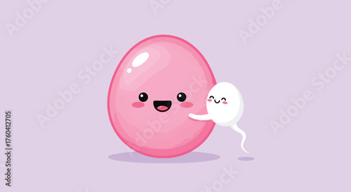 Cute cartoon egg and sperm characters embracing in a sweet embrace