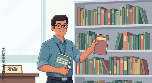 A man in glasses stands in a library, holding books and organizing shelves.