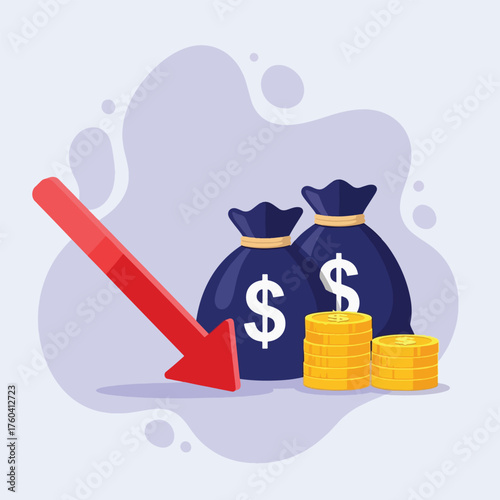 Downward Arrow and Money Bags Symbolizing Financial Loss.