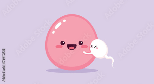Cute cartoon egg and sperm characters embracing in a sweet embrace.