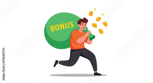 Excited man running with a large green bonus bag and falling gold coins.