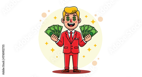 Excited Businessman Holding Fanned US Dollar Bills with Money Eyes.
