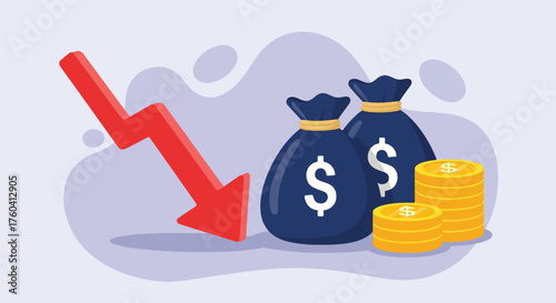 Red Arrow Downward Trend Beside Money Bags and Stacked Coins.