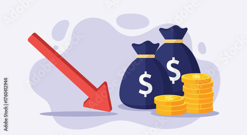 Red downward arrow pointing towards money bags and coins symbolizing financial loss.