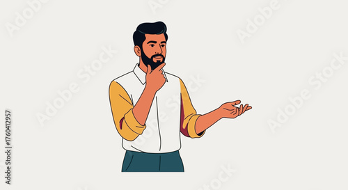 An illustration of a thoughtful man with a beard, wearing a collared shirt, pondering with one hand on his chin and the other open.