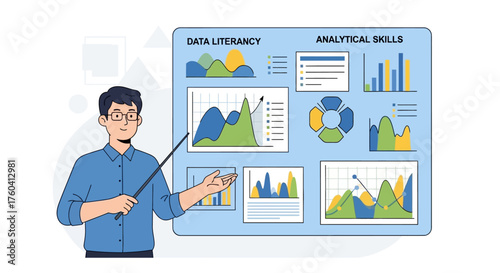 A male presenter with glasses explaining data literacy and analytical skills using a dashboard full of charts and graphs.