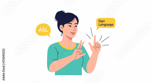 A woman communicating using American Sign Language gestures with speech bubbles.