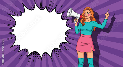 Woman with Megaphone and Speech Bubble in Pop Art Style.