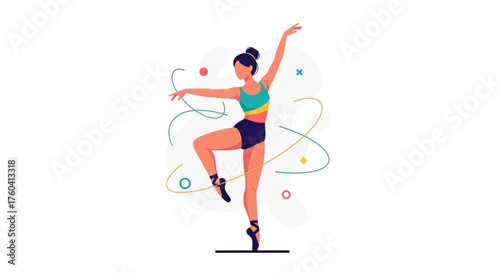 A graceful ballerina performs a ballet pose on one leg, surrounded by abstract colorful lines and circles.