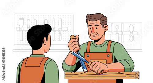 A woodworker demonstrates carving techniques to an apprentice in a workshop setting, using a chisel.