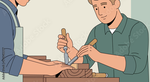 Two men working with wood and chisels in a workshop, crafting a project.
