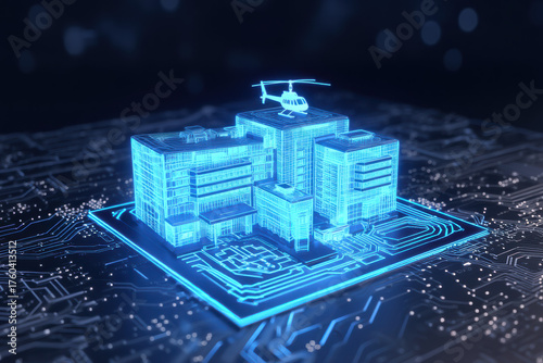 Neon blue wireframe hospital complex with a rooftop helipad emerges from a circuit board—symbolizing digital twins, smart healthcare infrastructure, and connected clinical operations.