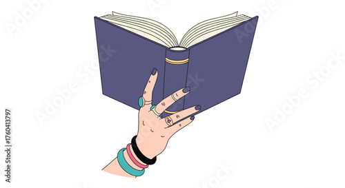 A hand holding open a thick blue book filled with pages.