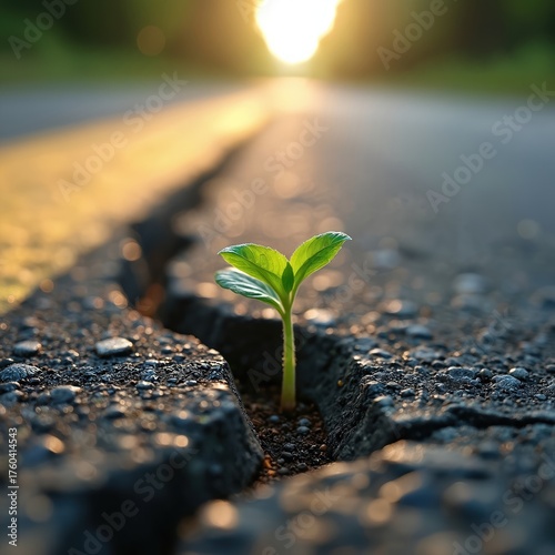 Fototapeta Naklejka Na Ścianę i Meble -  Small sprout emerges from crack in asphalt road. Plant grows through damage. Sunrise light on horizon. Symbol of hope and perseverance. Concept of rebirth and new life on street.