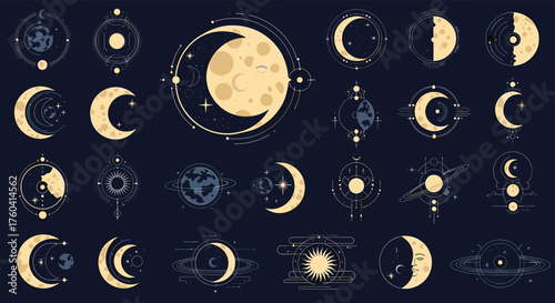 A celestial collection of mystic moon phases and astrological symbols set against a deep navy background.