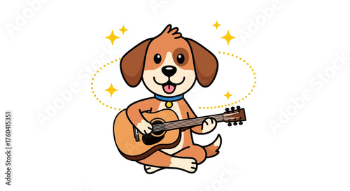 Cartoon dog playing the guitar with musical flair and sparkling ambiance illustration