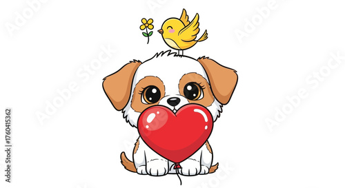 Adorable puppy with heart balloon, bird, and flower adds a touch of tenderness to this sweet