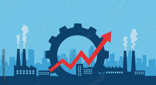 Industrial economic growth success and manufacturing progress concept with chart arrow over city skyline
