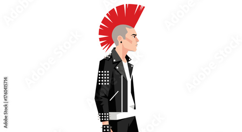 Illustrative portrayal of a punk rock character with a bold red mohawk and studded leather jacket