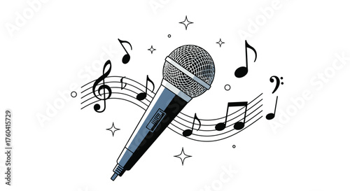 Capturing the power of a voice with a microphone and musical notes floating around.