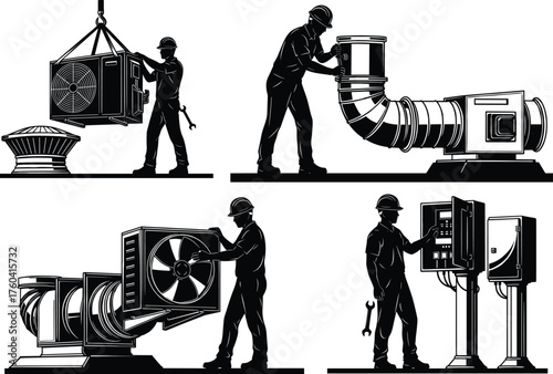 HVAC technician silhouette, air conditioning repair, ductwork installation, ventilation maintenance, industrial worker vector, black and white illustration, construction equipment, 