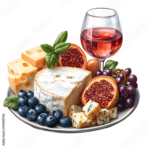 Cheese plate with rose wine and fruit illustration