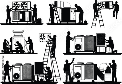 HVAC technician, air conditioning repair, ventilation system maintenance, professional worker, duct installation, climate control service, black and white vector, silhouette illustration