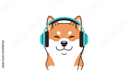 Cute Shiba Inu Listening to Music with Headphones on a White Background Illustration