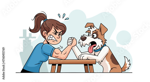 Cartoon illustration depicting a woman and a dog engaging in a competitive arm wrestling match