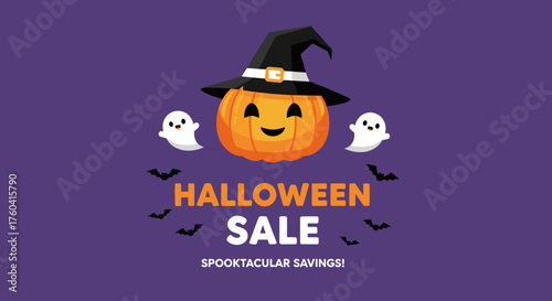 Halloween Sale banner illustration with smiling pumpkin ghosts and bats on purple background