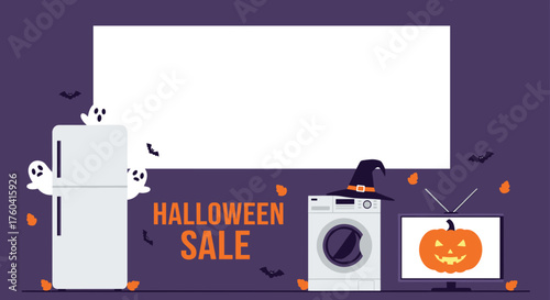 Halloween Sale banner for electronics and appliances with copy space and spooky decor