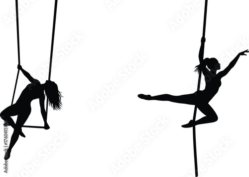 Silhouette of aerial dancers performing acrobatics on trapeze and pole, graceful female performers showing strength, balance, art, and motion