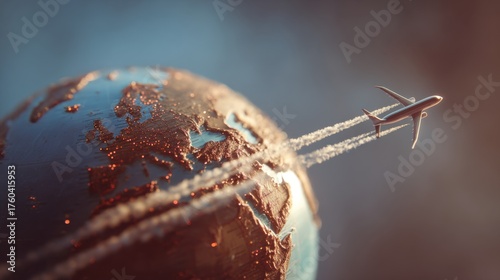 A plane is flying over a globe with smoke trails coming out of it. Concept of adventure and exploration, as the plane soars over the vast expanse of the world