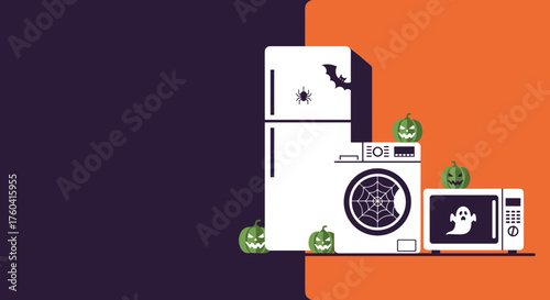 Spooky Halloween home appliances illustration featuring refrigerator washer and ghost Copy space