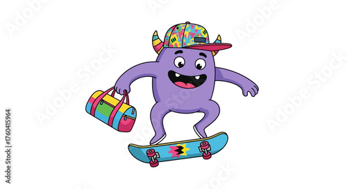 Cartoon purple monster character skateboarding with a colorful duffel bag vector illustration