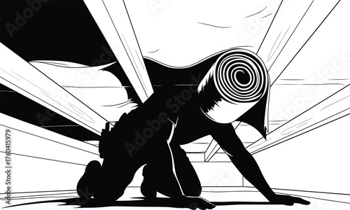 Worker carrying insulation roll in attic, home renovation project, thermal protection installation, construction labor silhouette, ceiling insulation maintenance, 