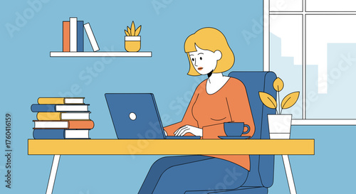 Woman uses laptop for remote work or online study in a modern home office setting