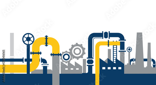 Vector graphic of industrial manufacturing process infrastructure with pipelines and gears