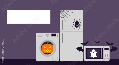 Halloween decorated kitchen appliances washing machine fridge and microwave cartoon