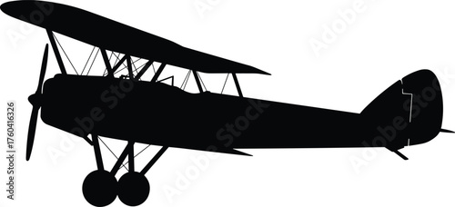 Silhouette of classic biplane aircraft, vintage airplane with double wings, historical aviation design, retro flight machine, old air transport