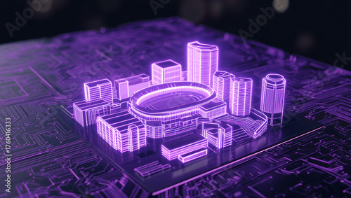 A neon smart city glows in vivid violet, centered on an oval stadium and ringed by sleek towers, all rising from a circuit-board base that blends urban planning with digital technology.﻿