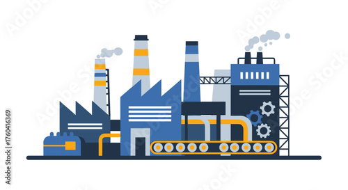 Blue industrial factory vector illustration showing production engineering and manufacturing processes