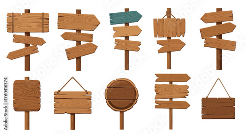 A collection of rustic wooden directional signs pointing in various directions for travel information.